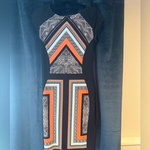 Geometric Patterned Black and Orange Dress